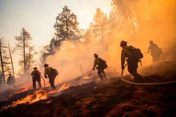 Group of unrecognizable firemen standing and stopping burning flames during forest fires
