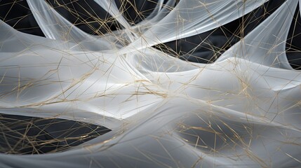  a black and white photo of a piece of cloth with gold lines on it and a black and white background with gold lines on the top of the fabric and bottom of the image.  generative ai - obrazy, fototapety, plakaty