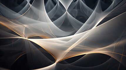  a computer generated image of white and gold lines and curves on a black and white background, with a yellow center in the middle of the center of the image.  generative ai
