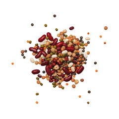 Mixed beans isolated on white background. different legumes on top. Mix legumes and cereals on white, top view.  