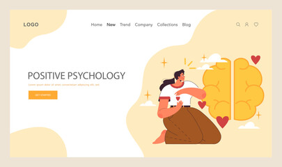 Positive psychology web banner or landing page. Positive thinking and attitude. Optimistic mindset, self acceptance and well-being. Young woman working on her mental health. Flat vector illustration