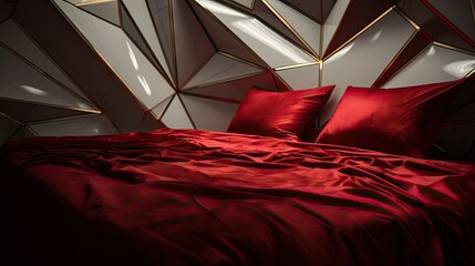  a bed with a red comforter and two red pillows and a red comforter on top of a bed with a red comforter and two red pillows on top of it.  generative ai