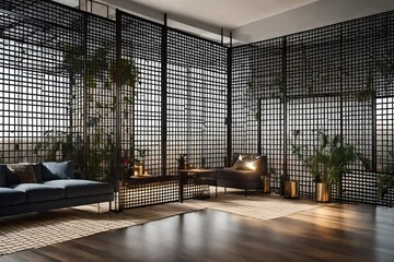 a living room with industrial-style metal grid or mesh room dividers