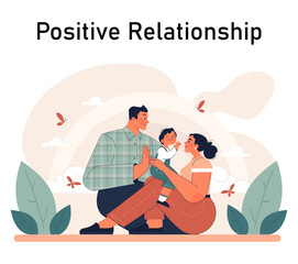Positive relationships. Loving family connection and friends support. Harmonious mutual communication. Warm relations between people. Flat vector illustration