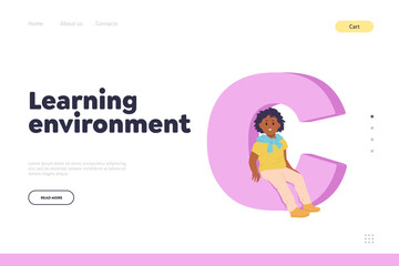 Learning environment for kids online service landing page design template with cute child student