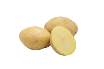 Two potatoes with half potato isolated on a cutout PNG transparent background