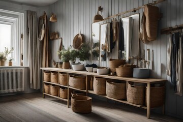 a Scandinavian dressing area with a collection of decorative baskets and bins