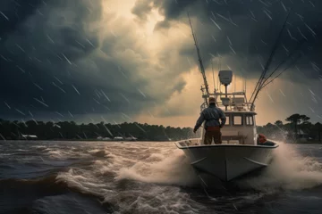 Foto op Plexiglas Anonymous fisherman standing in sailing boat against furious tides in ocean in dark cloudy weather © olga_demina