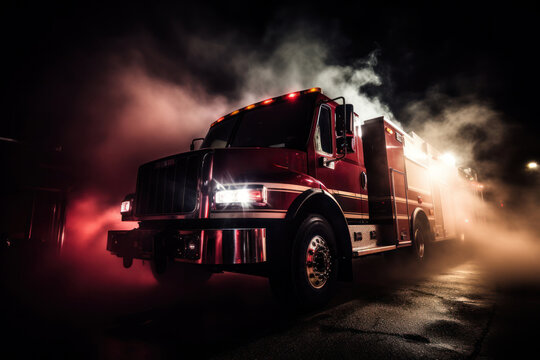 Red fire truck parked on wet road with smoke and glowing headlights during night time