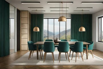 a dining room with industrial-style green and teal accents against a neutral backdrop