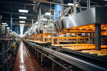 The oven in the bakery. Hot fresh bread leaves the industrial oven in a bakery. Automatic bread production line.