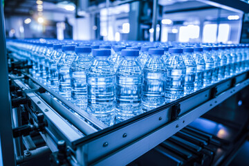 Plastic bottles on conveyor belt being filled with drinking water..