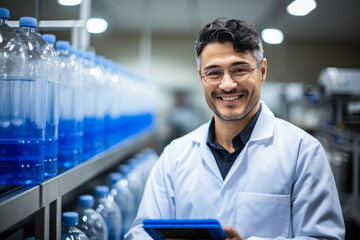 Portrait of smiling young male technologist export with whire uniform and tablet standing by automated machine for Industrial interior of natural juice plant production. Conveyor belt