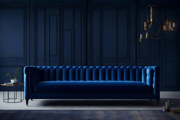 a bold industrial-style sofa in a rich, deep navy blue