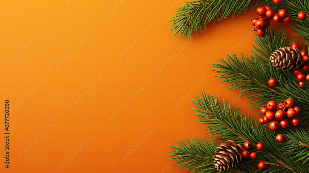 Poster a pine tree branch with red berries and pine cones on an orange background with a place for a text o