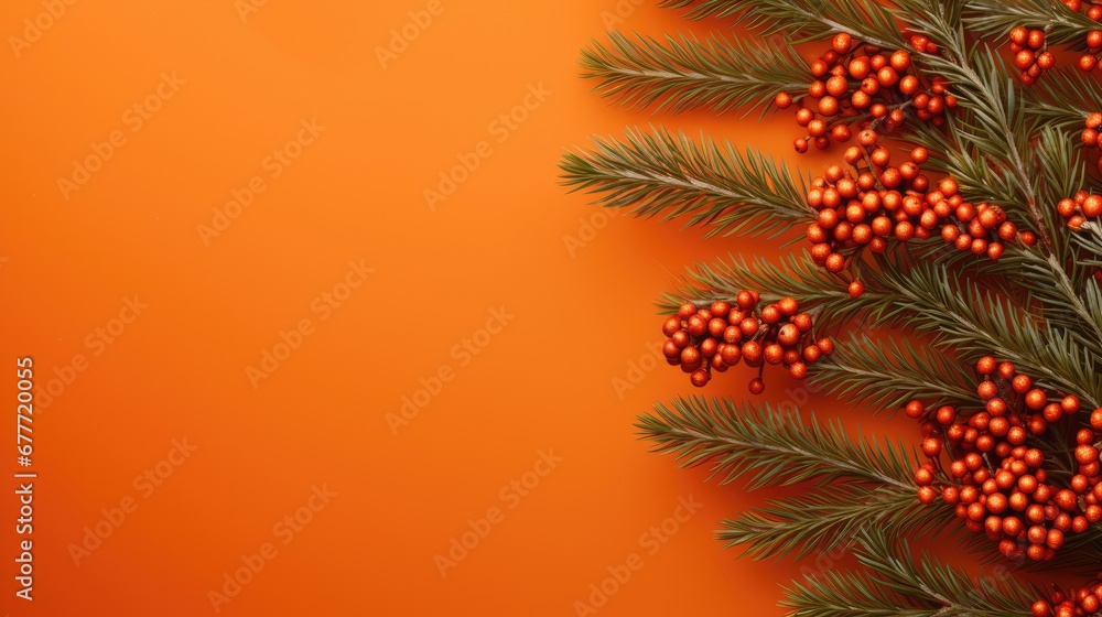 Wall mural a branch of a christmas tree with red berries and green leaves on an orange background with a place 