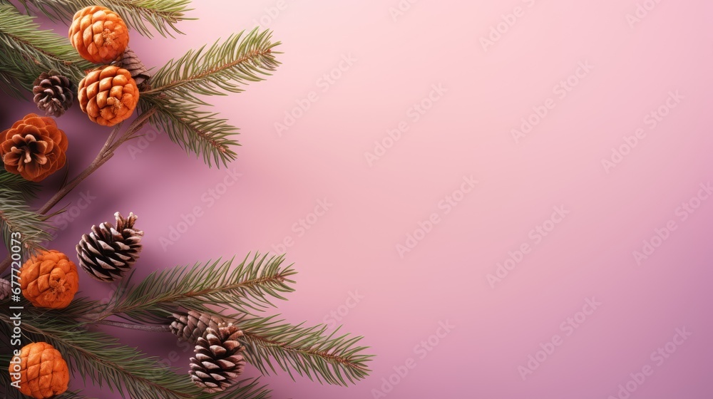 Poster pine cones and cones on a branch of a pine tree on a pink and purple background with a place for a t
