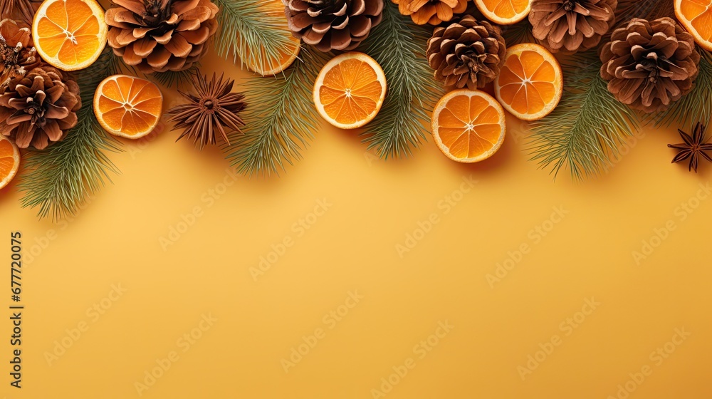 Poster an orange cut in half with pine cones and oranges on a yellow background with pine cones and pine co
