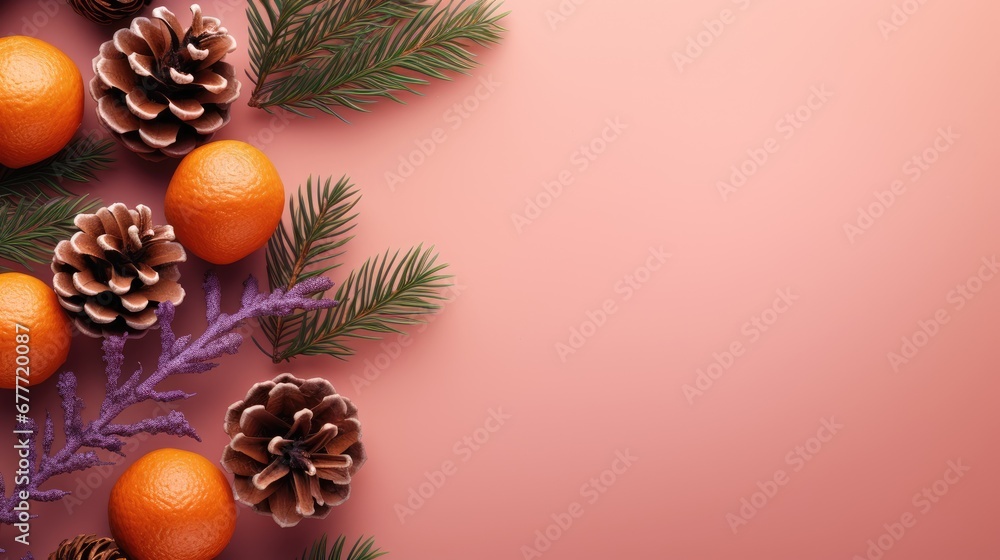 Poster a pink background with pine cones, oranges, and oranges on top of each other and pine cones on the b