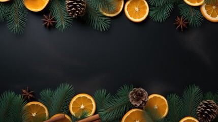  a black background with oranges, pine cones, cinnamon sticks