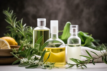 Fototapeta premium Natural skin care beauty products, Natural organic botany extraction and scientific glassware, Blank label cosmetic container for branding mock-up..