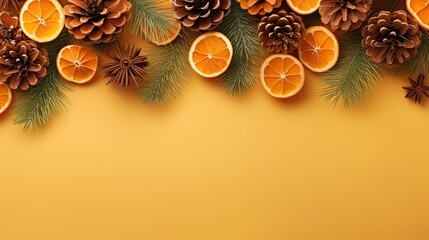  an orange cut in half with pine cones and oranges on a yellow background with pine cones and pine cones on the top of the oranges and pine cones.  generative ai - obrazy, fototapety, plakaty