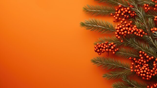  a branch of a christmas tree with red berries and green leaves on an orange background with a place for a text or an image with a place for your own text.  generative ai