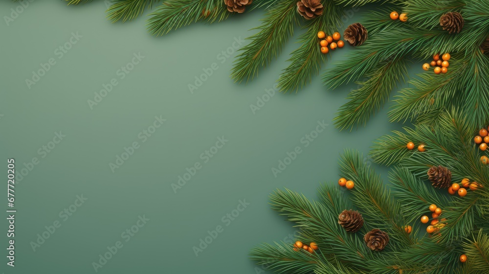 Poster a pine branch with cones and berries on a green background with a place for a text or an image with 
