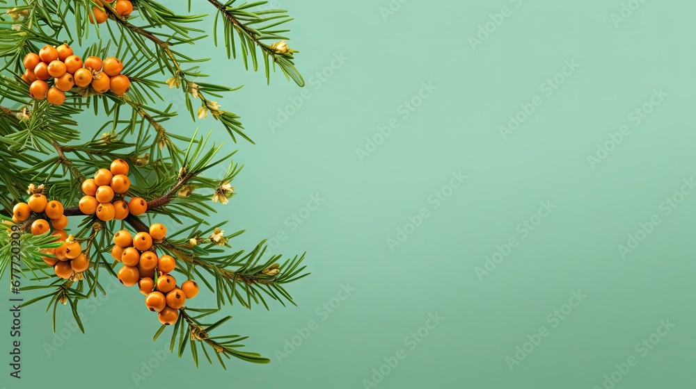 Poster a branch of a pine tree with small orange berries hanging from it's branches on a green background w