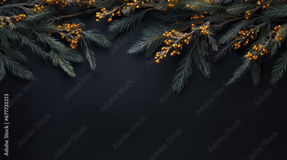 Poster a branch of a pine tree with yellow berries and green leaves on a black background with a place for 