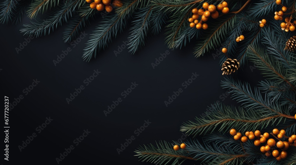 Poster a branch of a christmas tree with cones and berries on a black background with a place for a text to