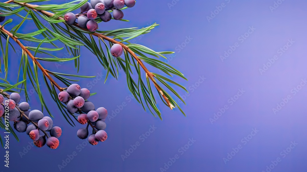 Poster a branch of a pine tree with berries on it and a blue sky in the background, with a small amount of 