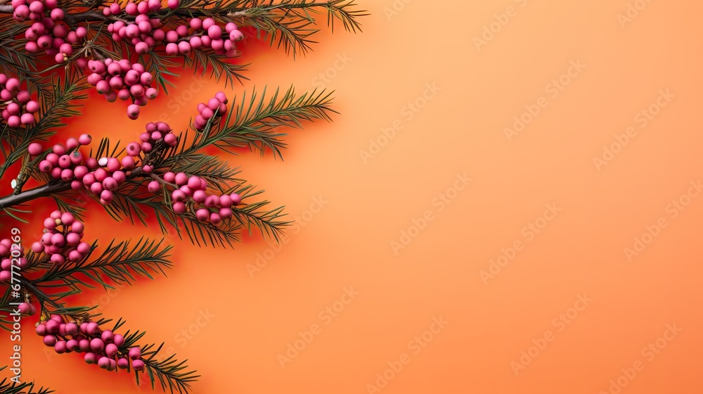 Poster  a branch of a christmas tree with pink berries on an orange background with a place for a text or an image of a branch of a christmas tree with pink berries on an orange background.  generative ai