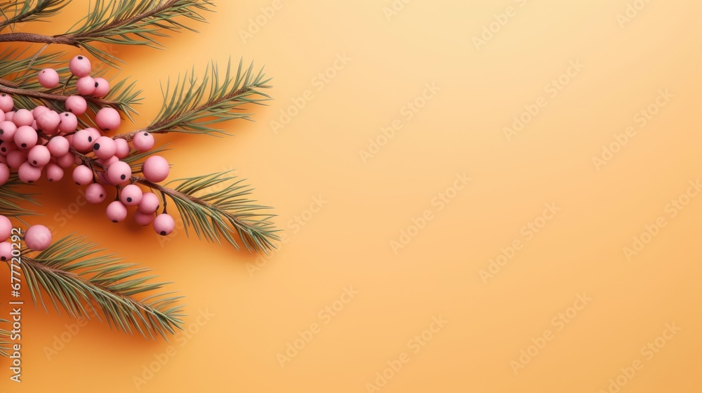Poster  a branch of a pine tree with pink berries and pine cones on a yellow background with a place for a text or an image with a place for your own text.  generative ai