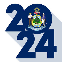 2024 long shadow banner with Maine state flag inside. Vector illustration.