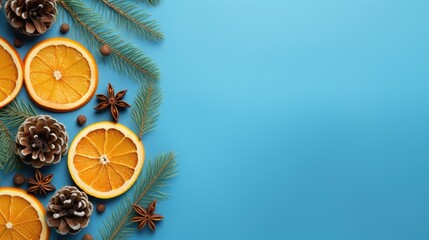  sliced oranges and pine cones on a blue background with pine cones, cones, cones, and cones on top of the oranges are pine cones and pine cones.  generative ai