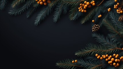  a branch of a christmas tree with cones and berries on a black background with a place for a text top view with a place for a place for an inscription.  generative ai