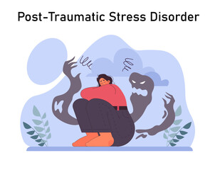 Post traumatic stress disorder. Female character suffering from mental disorder, dealing with despair, fear and pain. Anxiety and depression disease. Flat vector illustration