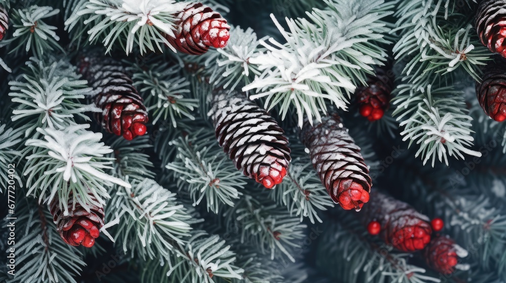 Poster  a close up of pine cones and needles on a pine tree with snow on the needles and red berries in the center of the pine cones, with snow on the branches.  generative ai