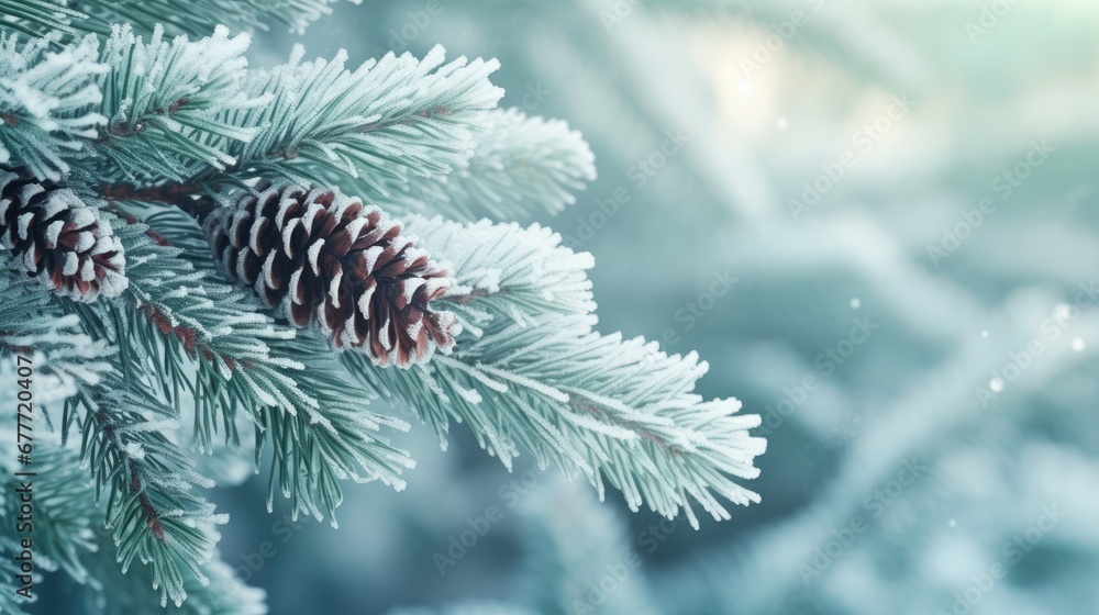 Poster a close up of a pine tree with snow on it and a pine cone hanging from it's branch with a blurry bac