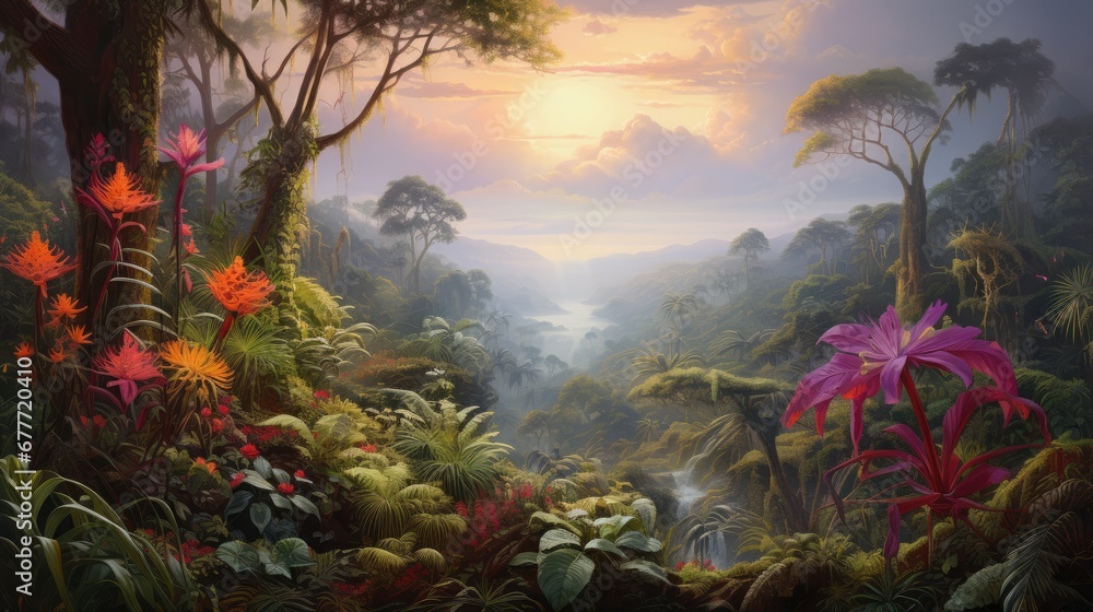Poster a painting of a jungle scene with flowers and trees in the foreground and a river running through th