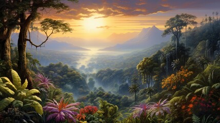  a painting of the sun setting over a forest filled with lush green trees and bushes, with mountains in the distance, and mist rolling through the clouds in the foreground.  generative ai