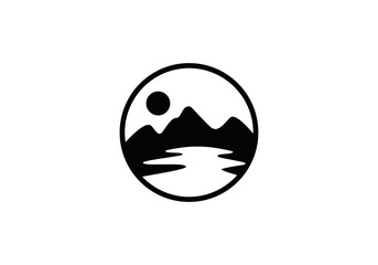 silhouette mountain river logo design vector illustration