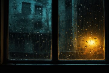 Rain spattered window with blurry background in evening