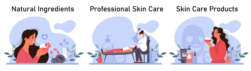 Skincare routine set. Facial skin cosmetic products applying and professional dermatology procedure. Cleansing and moisturizing treatment. Flat vector illustration