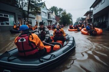 Group of lifeguards on boat moving through flooded streets and rescuing resident
