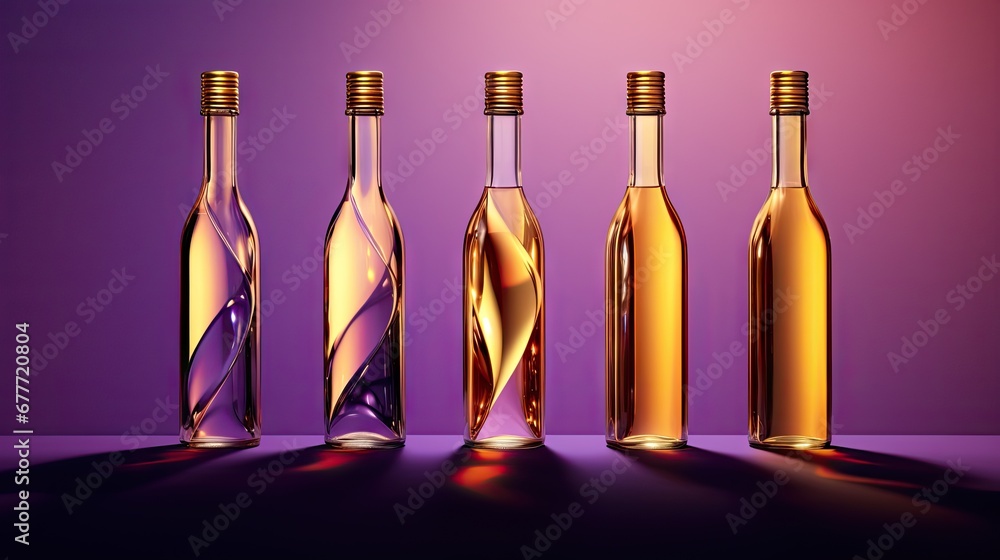 Poster  a group of wine bottles sitting next to each other on top of a purple and purple background with a reflection of the wine bottle in the middle of the bottle.  generative ai
