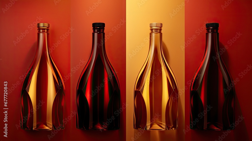 Poster a group of three wine bottles sitting next to each other on a red and yellow wall with a red and yel