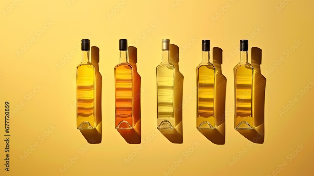 Poster a group of three bottles of oil sitting next to each other on top of a yellow background with a shad