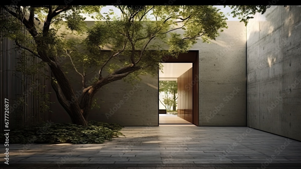 Poster a room with a tree in the middle of it and a door leading to another room with a tree in the middle 